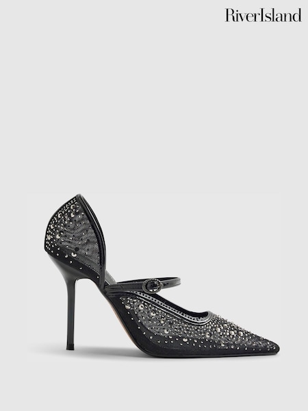 River Island Black Diamante Heeled Court Shoes (Y96162) | €59