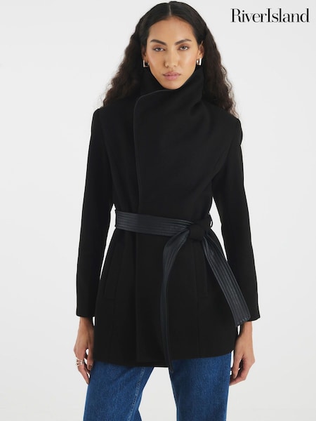 River Island Mid Length Faux Leather Trim Wrap Coat (Y96164) | 119 €