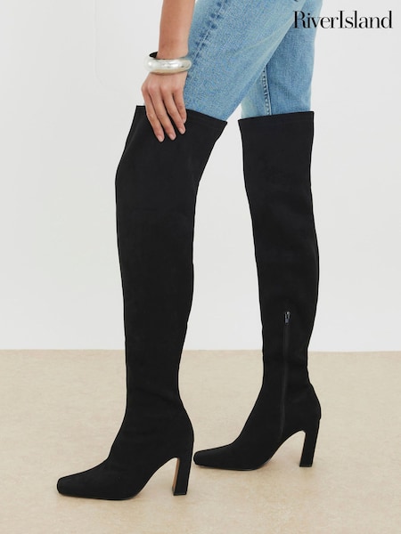 River Island Black Thigh High Stretch Boots (Y96184) | AED402