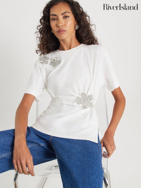 River Island White Diamante Floral Cinched T-Shirt (Y96197) | €45