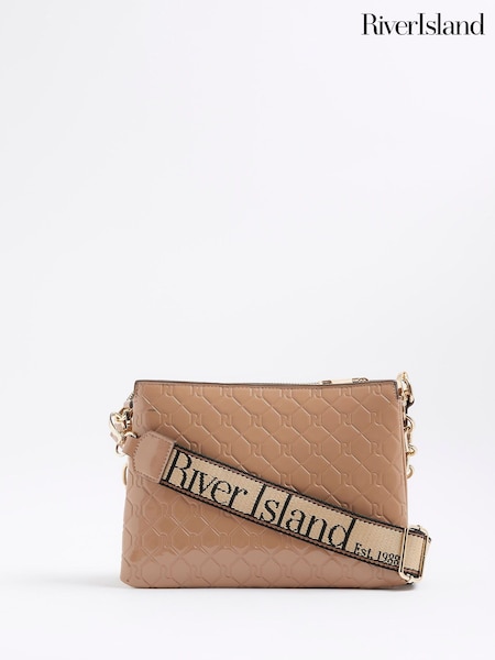 River Island Brown Patent Chain Triple Compartment Crossbody Bag (Y96213) | €52