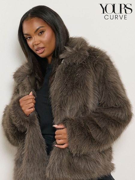 Yours Curve Brown Faux Fur Collared Jacket (Y96513) | €94