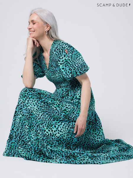SCAMP & DUDE Blue Puff Sleeve Maxi Dress with Leopard (Y96614) | €170