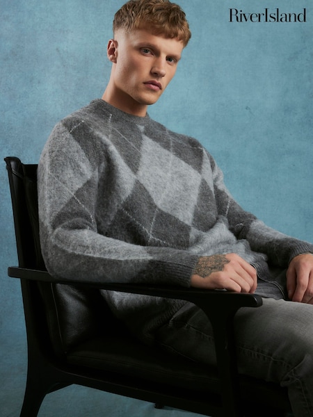 River Island Grey Brushed Argyle Crew Neck Jumper (Y96835) | AED245