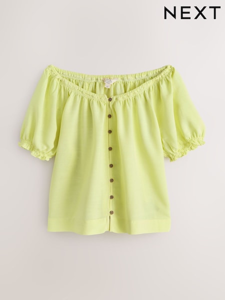 Limonkowo-zielony - Puff Sleeve Button Front Bardot Top With Linen (Y97010) | 165 zł