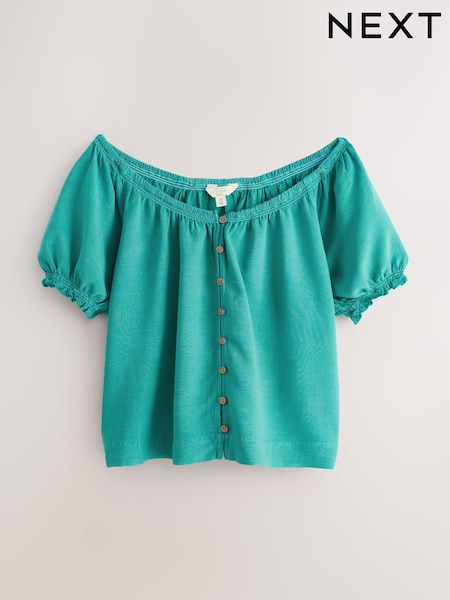 Teal Blue Puff Sleeve Button Front Bardot Top With Linen (Y97012) | 110,400 KHR