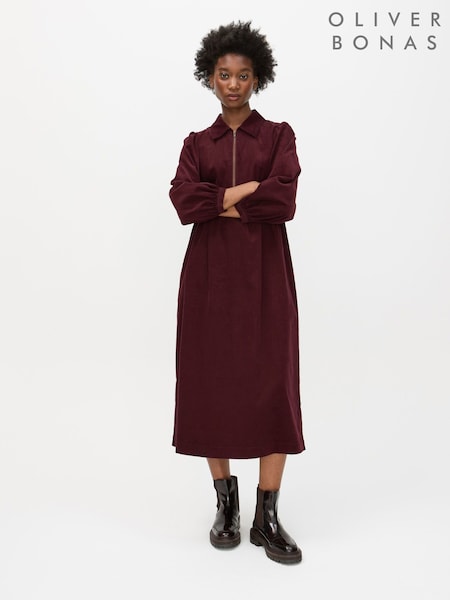 Oliver Bonas Red Corduroy Zip Front Collared Midi Dress (Y97263) | €102