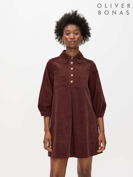 Oliver Bonas Brown Corduroy Collared Mini Shirt Dress (Y97285) | €99