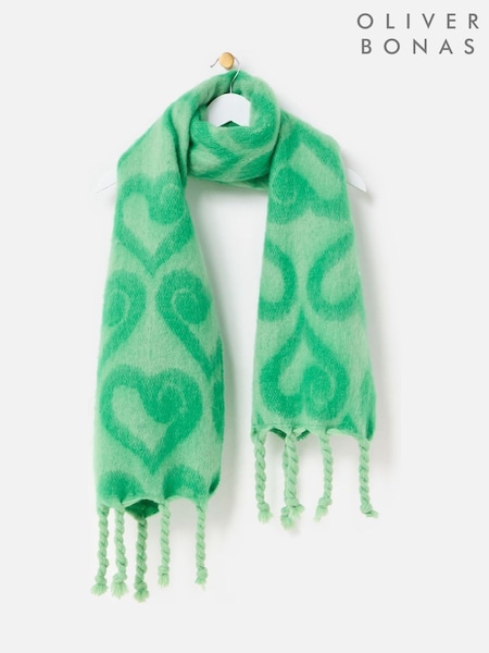 Oliver Bonas Green Heart Print Heavyweight Twisted Tassel Scarf (Y97286) | €48