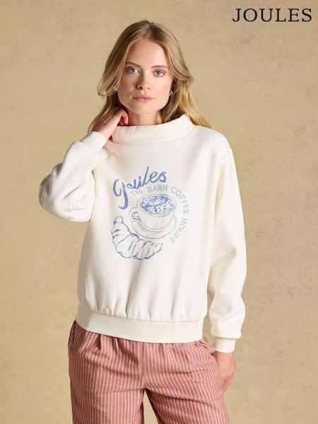 Cream Joules Coffee House - Cotton Blend Wide Neck Sweatshirt