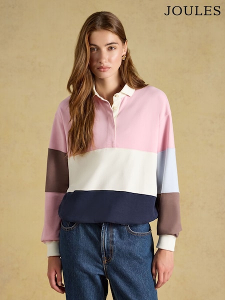 Pink & Blue Colour Block - Long Sleeve Cotton Collared Rugby Deckshirt