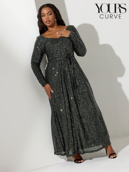 zelena - Yours Curve London Sequin V-Neck Long Sleeve Maxi Dress (Y97505) | € 97