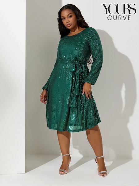 Yours Curve Green London Sequin Long Sleeve Skater Midi Dress (Y97510) | €80