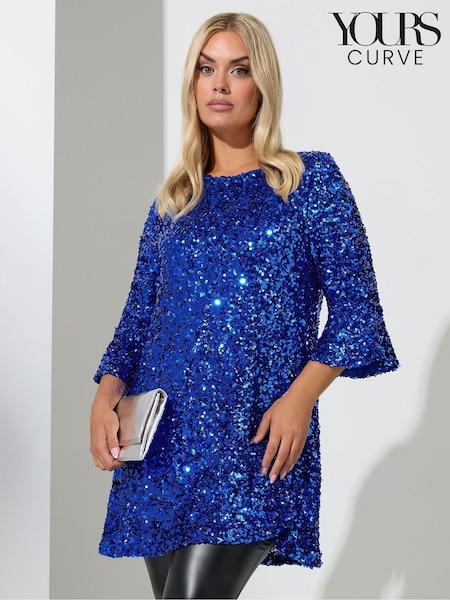 Yours Curve Blue London Sequin Flute Sleeve Top (Y97517) | AED291
