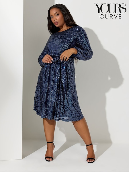 Yours Curve Blue London Sequin Long Sleeve Skater Midi Dress (Y97522) | €80
