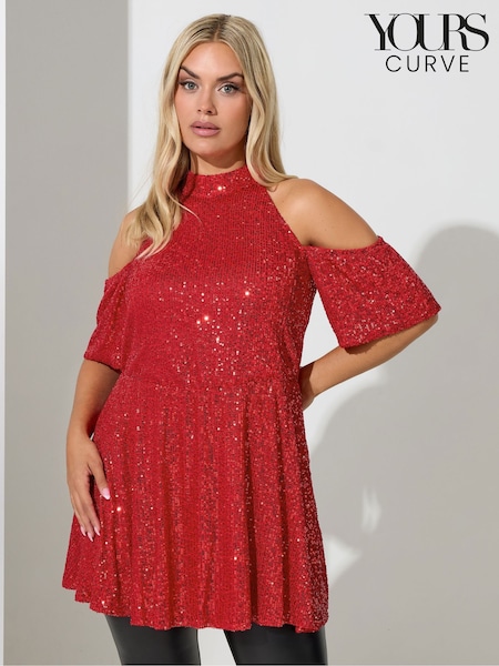 Yours Curve Red Sequin Cold Shoulder Peplum Top (Y97528) | €67