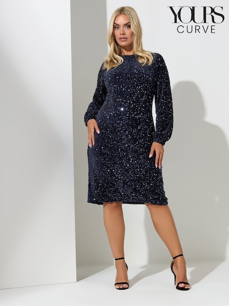 Yours Curve Blue London Sequin Velvet Long Sleeve Shift Dress (Y97534) | €77