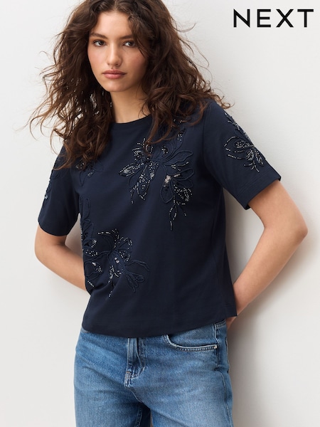 Navy Floral Print Embellished T-Shirt (Y97536) | LEI 166