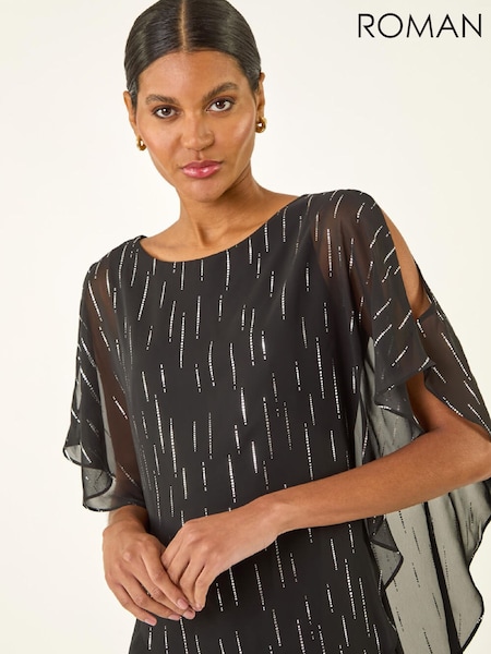 Roman Black Foil Dot Overlay Asymmetric Blouse (Y97554) | €53