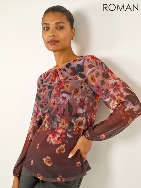 Roman Brown Floral Border Print Mesh T-Shirt (Y97559) | €53