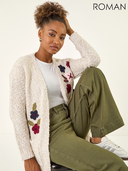 Roman White Embroidered Floral Knit Cardigan (Y97560) | €69