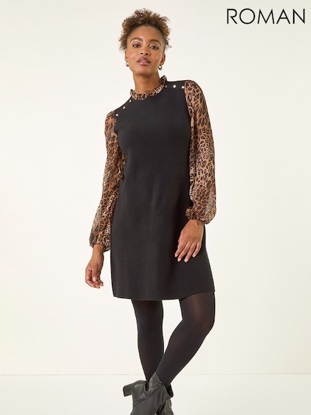 Roman Brown Animal Print Frill Knitted Dress (Y97562) | €63