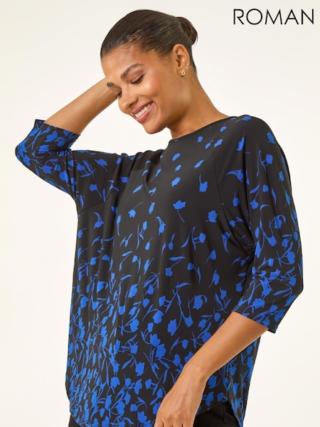 Roman Blue Border Print Curved Stretch Blouse (Y97568) | €71