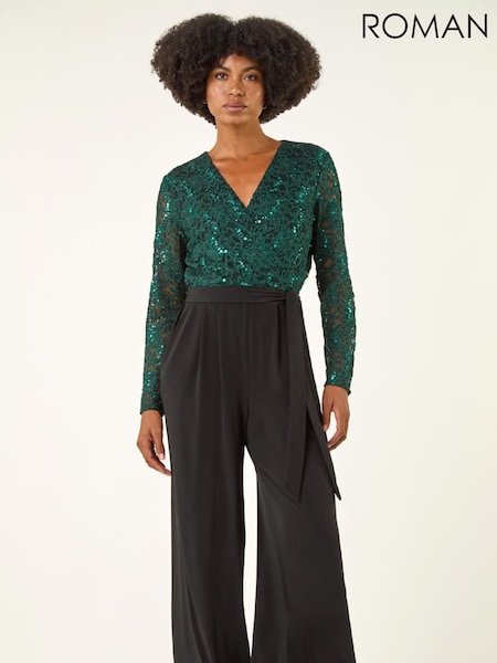 Roman Green Sequin Lace V-Neck Stretch Jumpsuit (Y97571) | €115