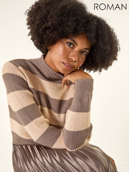 Roman Brown Stripe Knit Bodice Pleated Skirt Dress (Y97585) | €74