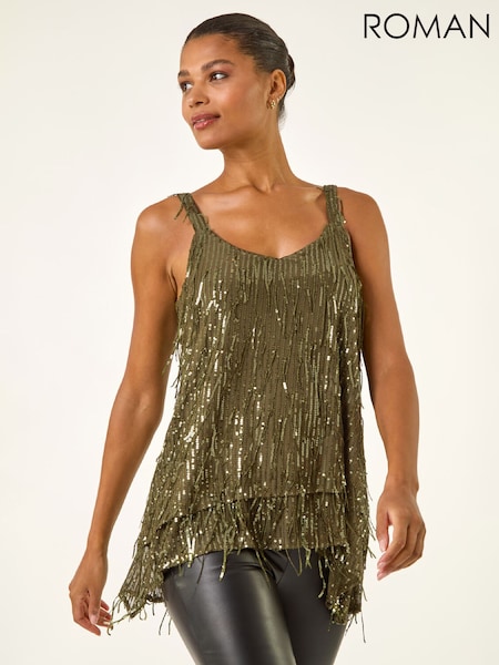 Roman Green Tassel Sequin Chiffon Vest Top (Y97589) | €58