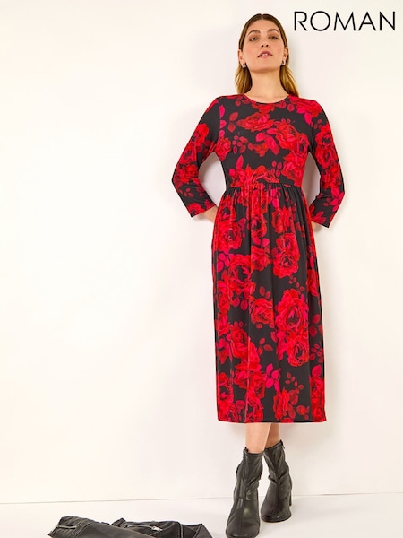 Roman Rose Print Gathered Stretch Midi Dress (Y97593) | 70 €