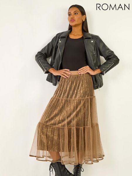 Roman Brown Pleated Velvet Overlay Skirt (Y97598) | € 75