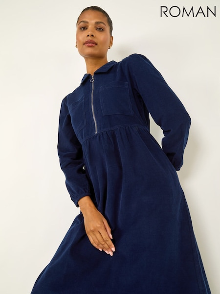 Roman Blue Corduroy Zip Detail Midi Dress (Y97603) | R$ 700