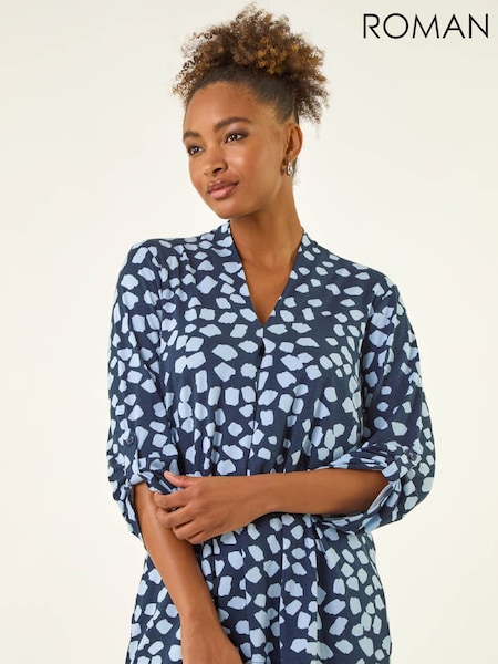 Roman Blue Spot Print V-Neck Stretch Tunic Top (Y97605) | €51