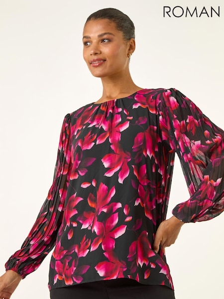Roman Purple Floral Print Pleated Tunic Top (Y97606) | €71