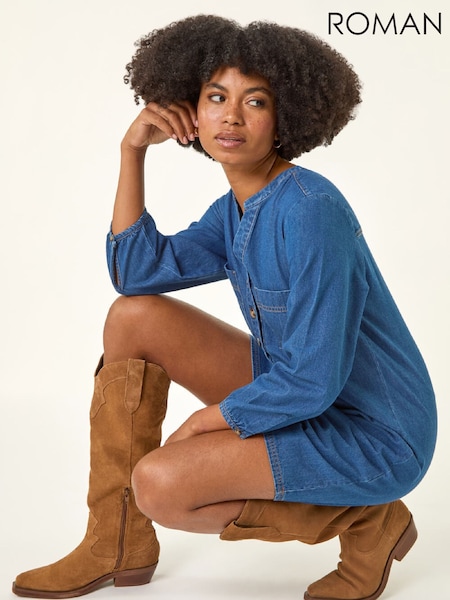 Roman Blue Cotton Denim Button Shift Dress (Y97620) | €80