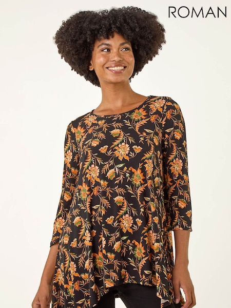 Roman Orange Floral Print Hanky Hem Stretch Tunic Top (Y97625) | €45