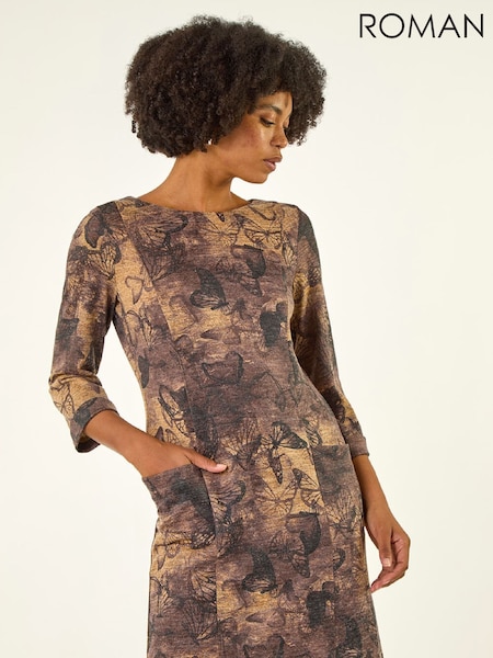 Roman Brown Butterfly Pocket Stretch Shift Dress (Y97626) | €60