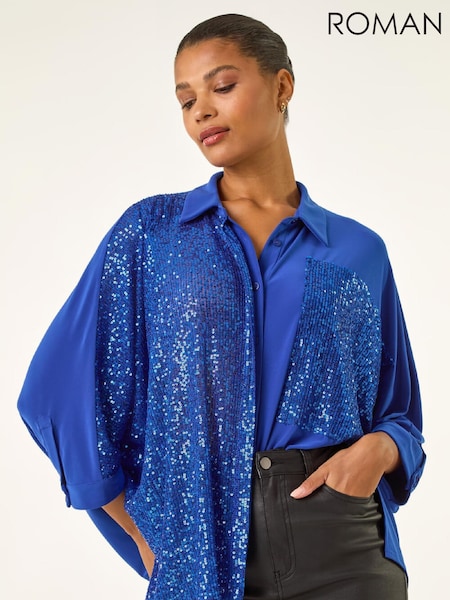 Roman Blue Sequin Buttoned Blouse (Y97634) | €60
