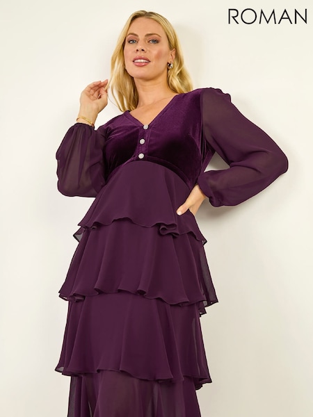 Roman Purple Petite Velvet Bodice Layered Dress (Y97798) | €89