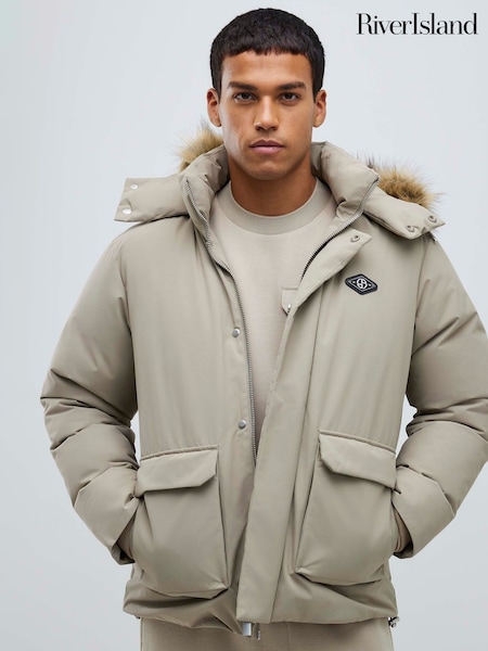 River Island Natural Premium Monogram Fur Trim Puffer Jacket (Y97845) | €126