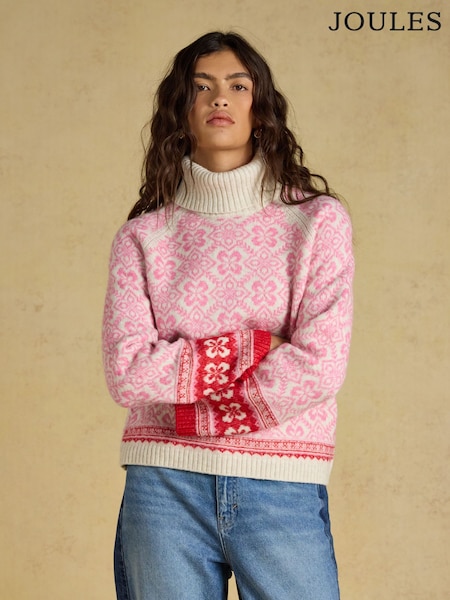 Pink - Joules Patterned Knitted Jumper With Detachable Roll Neck