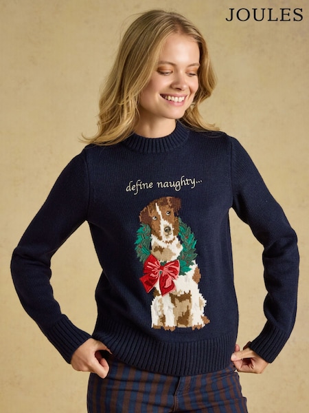 Dog Navy - Joules Crew Neck Knitted Christmas Jumper