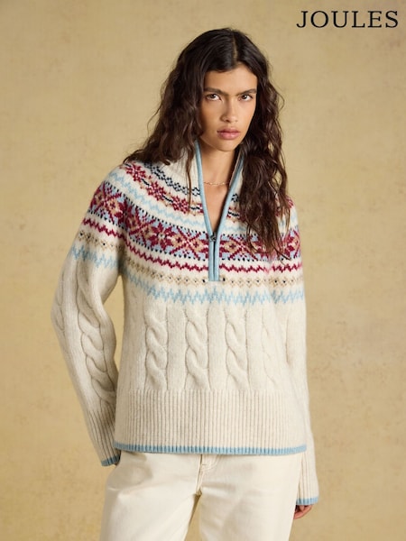 Crema - Cable Knit Fair Isle Half Zip Jumper