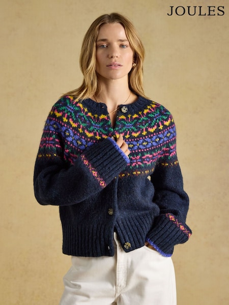 Navy - Fair Isle Wool Blend Knitted Cardigan