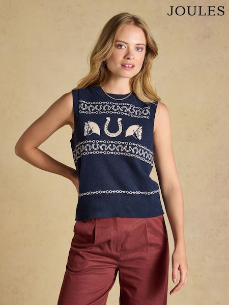 Marineblauw - Horse Icon Cotton Blend Crew Neck Knitted Vest