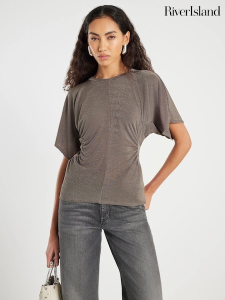 River Island Brown Short Sleeve Ruched Top (Y98266) | €43
