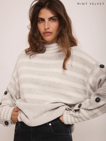 Mint Velvet Grey Wool Blend Striped Longline Jumper (Y98312) | 490 QAR