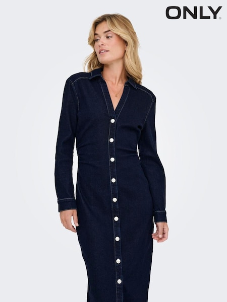 ONLY Blue Button Up Denim Cinched Waist Midi Dress (Y98652) | €69