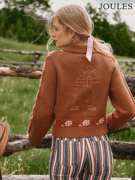 Tan Brown - Embroidered Cowboy Cotton Blend Knitted Cardigan